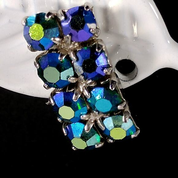 Vintage Blue Aurora Borealis Rhinestone Earrings, Rhodium Plated, Screw Backs - Picture 2 of 10